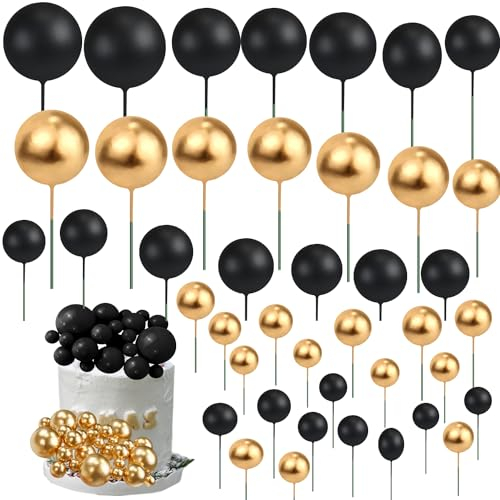 88PCS Black Gold Mini Balls Cake Toppers Round Ball Cake Toppers Picks Cake Decorations Mini Balloons Stick Cake Cupcake Toppers for Wedding Baby Shower Girl Birthday