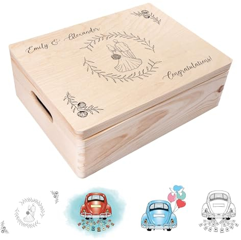 Creative Deco Geschenk zur Hochzeit | Erinnerungsbox Hochzeit | Personalisiert Geschenkkiste für Brautpaar | Mehrere Hochzeit Motiv | Holzkiste mit Deckel | Farbdruck | 40 x 30 x 14 cm