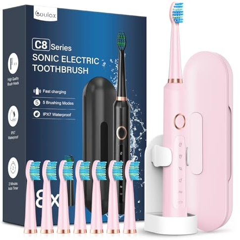 Brosses à Dents Électriques Soniques avec 8 Têtes - Brosse à Dents Électrique Adultes avec Étui de Voyage, 5 Modes et IPX7, Brosses à Dents Électriques à Ultrasons pour Famille Voyager, Rose Cerise