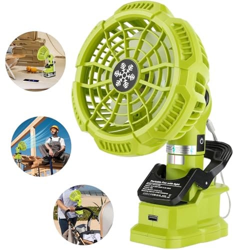 YEX-BUR Portable Clip on Fan for Ryo 18v Battery, Quiet Battery Operated Personal Fan, Clamp Fan with USB Port for Outdoor Camping Worksite Home Office
