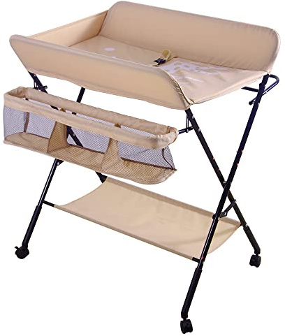 OHMG Table à langer pliable avec paniers et matelas à langer pour bébé,Table à Langer à Roulettes avec Panier de Rangement Positions Structure en Fer pour Nouveaux-Nés (A-Rose pâle)
