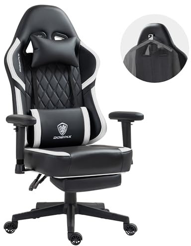Dowinx Sedia da gaming con cuscino a molle insacchettate e gancio, in pelle PU, con poggiatesta, ergonomica, da ufficio, con poggiapiedi, 135 kg, per adulti, colore bianco e nero