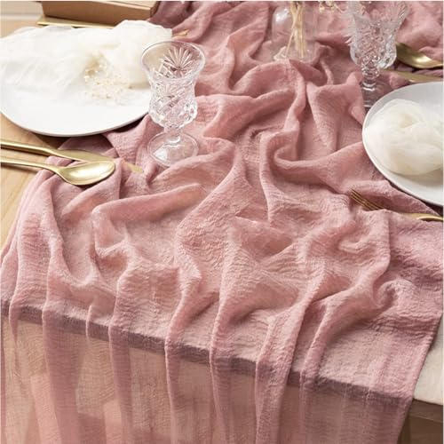 Tischläufer Altrosa, 90x300 cm Boho Käsetuch Tischläufer, Halbdurchsichtiger Dekostoff, Käsetuch Tischläufer für Babyparty, Geburtstagsparty, Hochzeit Tischdeko