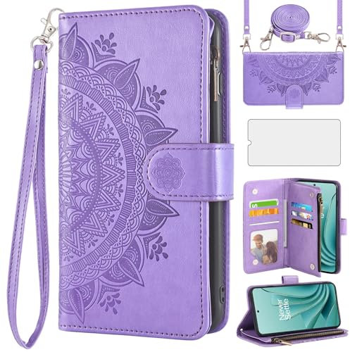 Asuwish Handyhülle für OnePlus Nord 3 5G Hülle mit Band und Folie Schutzfolie Kartenfach Klappbar Leder Blumen Geldbörse Ständer Nord3/Ace 2V Reißverschluss Handy Hüllen Schutzhülle Phone Case Lila