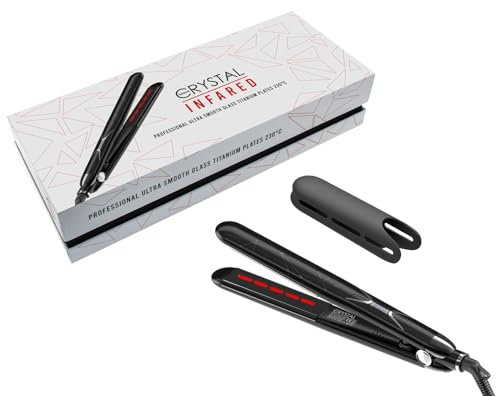 By AGV Plancha Black Crystal Infrarrojos Plancha para el pelo profesional con placas basculantes redondeadas, 100% cristal de titanio negro con luz infrarroja integrada en las placas.