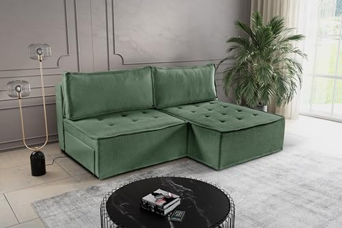 Kaiser Möbel, Sofa mit schlaffunktion, mit Bettkasten, Schlafsofa Bohoo, Designer Sofa, Modern Design Couch, Polsterecke, Freistehend, Stoff Raven Hellgrun Rechts