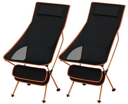 eSituro Campingstuhl faltbar, Klappstuhl leicht, Angelstuhl mit Tragetasche, Faltstuhl mit hoher Rückenlehne, Outdoor Strand Camping Stuhl, für Angeln Picknick Wandern, Schwarz+Orange 2PCS