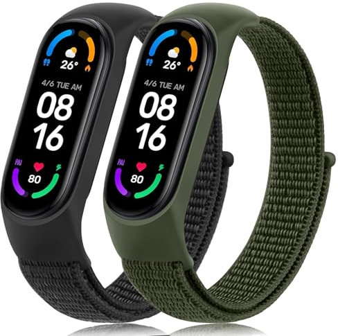 Mugust 2 Stück für Xiaomi Mi Band 7/Mi Band 6/Mi Band 5/Mi Band 4/Mi Band 3 Armband, Verstellbares Dehnbares Nylon Ersatzarmband für Xiaomi Mi Band 3/4/5/6/7 (Schwarz+Armeegrün)