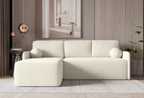NAWSTOL Ecksofa mit Schlaffunktion Braga, Schlafsofa mit bettkasten, Ecksofa Wohnlandschaft L Form, Sofa mit Bettfunktion (Weiß)