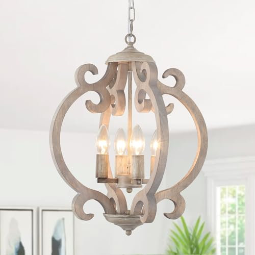 ASHUAQI Kronleuchter Vintage, 4 Flammig Landhaus Hängelampe Esstisch Pendelleuchte Holz Rustikal, Bauernhaus Französische Deckenleuchte Hängend Lampe für Wohnzimmer, Schlafzimmer, Esszimmer, Küche