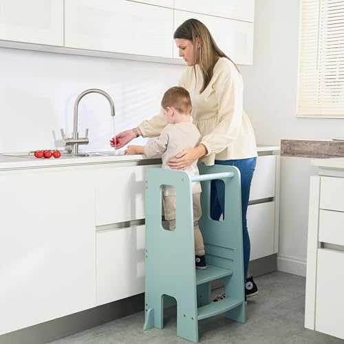 Tutti Bambini Montessori Learning Tower, Toddler Step Stool - Ocean Stone | Montessori toddler learning tower with 3 height settings, anti-tip safety design and wooden build for ages 2-8