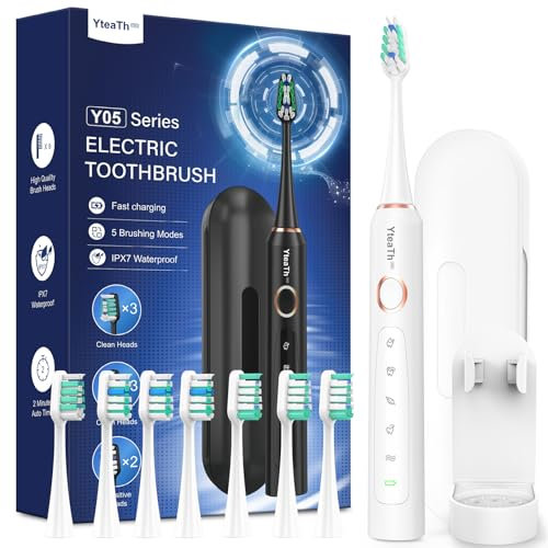 Brosse À Dent Électrique Soniques pour Blanchiment Dentaire - Brosse A Dent Sonique Adultes avec 8 Têtes et Étui de Voyage, 5 Modes, Étanche IPX7, Brosse A Dent Electrique Voyage, Blanc Perle