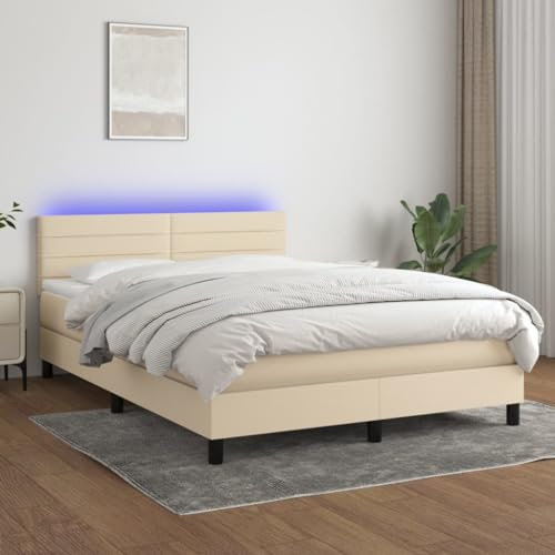 KOIECETA Boxspringbett mit Matratze LED Doppelbett Bett Polsterbett Bettgestell Bettrahmen Lattenrost Schlafzimmerbett Hotelbett Creme 140x200 cm Stoff