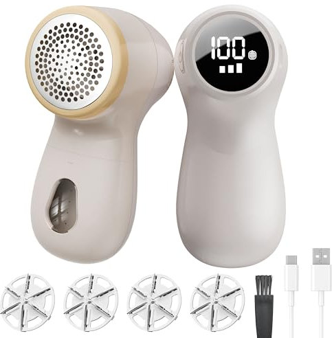 Vexloria Fabric Shaver, Rechargeable Lint Remover with LED Display, 3 Speeds Adjustable Bobble Remover, Five 6-Leaf Blades Debobbler for Clothes and Furniture- Milky White