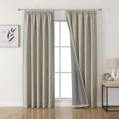Joydeco 100% Blackout Curtains Bedroom 55 x 96 Inch Drop, Faux Linen Pencil Pleat Thermal Insulated Drapes with Coating Back Layers for Room Darkening Privacy Protection, 2 Panels, Linen Colour