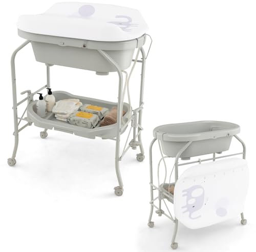 LIFEZEAL Cambiador con Bañera, Cambiador y Bañera para Bebés de 0-12 Meses, Cambiador Plegable y Portátil, Bañera para Bebé con Soporte de Carga de 35 KG (Gris claro)