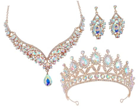 Amosfun Elegant Wedding Tiara Necklace Earring Set Sparkling Jewelry for Women Brides
