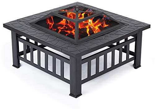 Table de brasero d'extérieur avec étagères de barbecue 3 en 1 carré avec housse imperméable Noir Chauffage extérieur