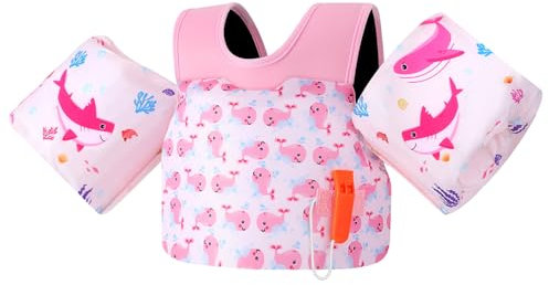MoKo Kleinkind Schwimmflügel für Kinder, Schwimmjacke für Kleinkinder 20-50 lbs, Wasserflügel mit Notfallpfeife, Niedliche Schwimm Trainingsweste Zubehör für Strand, Schwimmbad, Rosa Whale