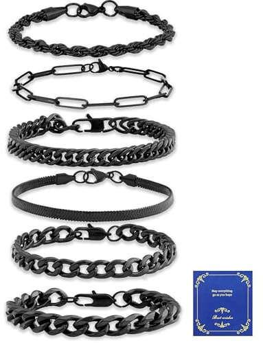 AWARDSEN 6 Pcs Mens Bracelets, Stainless Steel Bracelet for Men, Silver/Gold/Black Cuban Chain Bracelet Mens Jewellery Fashion Accessories Gift for Fathers Day Boyfriends Husband 7.5 8.3 9