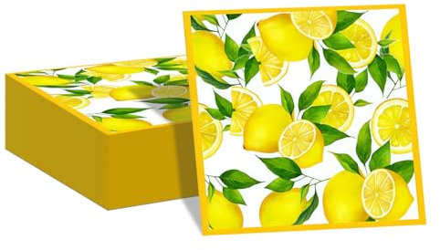 Shimmerz 100 Stück Servietten, Zitronenmuster Papierserviette Einweg Napkins für Gartenparty, Landpicknick oder Mediterranes Outdoor-Dinner, 33 x 33 cm 2-Lagige weich mit Zitronenmuster