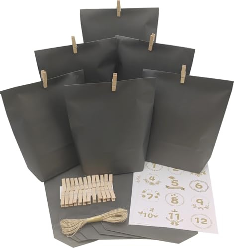Adventskalender zum Befüllen 2025,24 schwarzen Geschenktüten,24 Zahlenaufklebern,24 Klammern,zum Basteln und Verschenken,Weihnachten & Advent,Adventskalender zum Selber Befüllen für Kinder Erwachsene