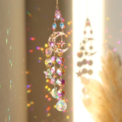 Sonnenfänger Kristall,Fensterdeko ​Hängend,Kristall Anhänger Deko,Gold Mond Stern Regenbogen Kristalle Anhänger,Regenbogen Sonnenfänger Kristal Windspiel für Zuhause Büro Garten Outdoor Deko(Mond)