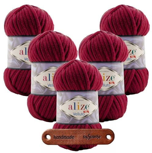 ALIZE 5 x 100g Velluto 107 Cherry Premium Wolle Chenillegarn kuschelweich Amigurumi Plüschtiere Bulky Babywolle Filzwolle Samtwolle mit mySearose Label
