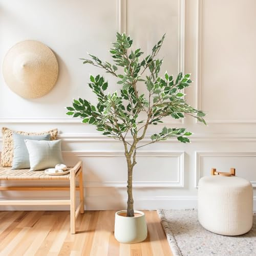 VOOTOLOVER Artificial Ficus Tree with Black Plastic Pot, Weeping Fig Tree with Glossy Foliage & Twisted Trunk, Pre-Potted Faux Plant, 31W x31D x51 H for Home Office Interior Decor