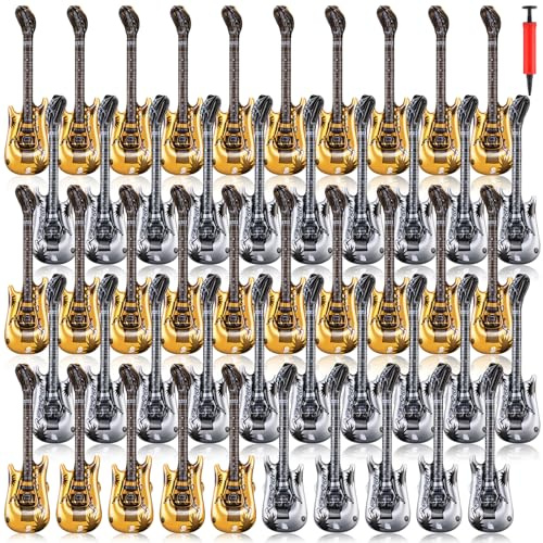 50 Pcs Inflatable Guitars 21 Inch Small Blow up Guitar with Inflator Gold and Silver Rock Instrument Bulk for Kids Birthday Rock and Roll Party Decorations Photo Booth Props