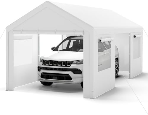 COSTWAY Abri de Voiture 305 x 586 cm Structure Métallique Bâche PE, Tente de Garage avec Fenêtres Ventilées à Enroulement Parois Latérales et Portes Amovibles, pour Camions Bateaux (Blanc)