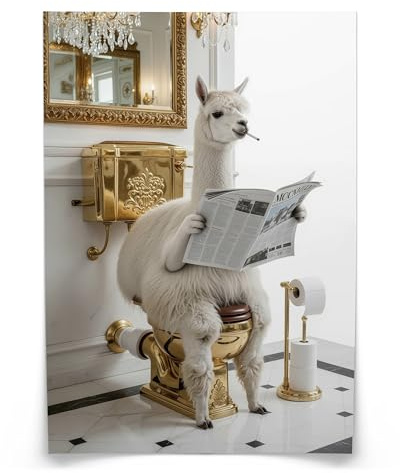 Muralo Poster Lama mit Zeitung, ohne Rahmen, UV-beständig - 50x70 cm | Bilder, glatte und seidige Oberfläche, fotografische Druckqualität - ideal für Badezimmer und WC