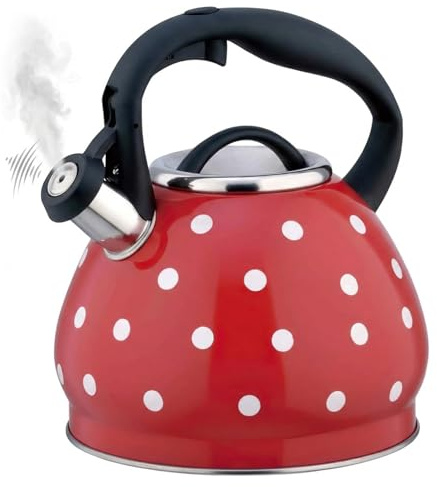 Whistling Tea Kettle for Stove Top 3.2 Quart Stainless Steel Tea Kettle Polka Dot Teapot with Cool Touch Ergonomic Handle Red, Red, Whistling for Stove Top