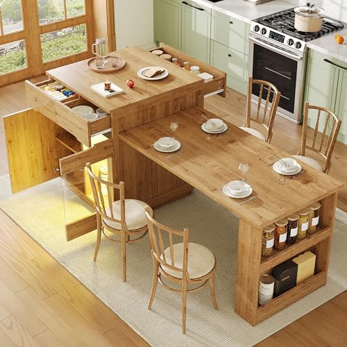 ModernLuxe Kitchen Island with Extendable Table, Multifunctional Storage Cabinet with App-Controlled LED Lighting, Oak Effect Finish with Glass Door, Freestanding Kitchen Storage Unit