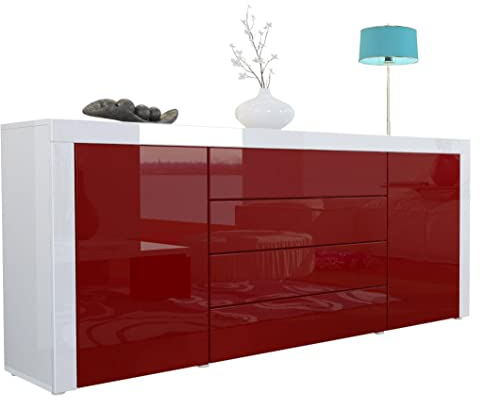 Vladon Sideboard Kommode La Paz, Made in Germany, Korpus in Weiß Hochglanz/Front in Bordeaux Hochglanz mit Rahmen in Weiß Hochglanz