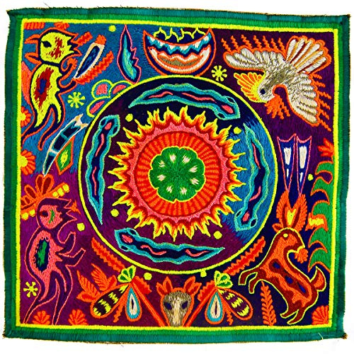 ImZauberwald Huichol Elements Stickerei (20cm, Schwarzlicht aktiv, Schamanisch, handgestickt ohne PC) Hikuri San Pedro Peyote Meskalin Kaktus Patch