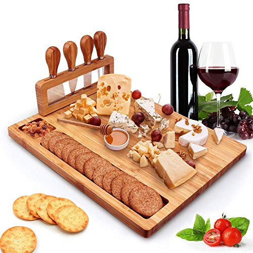 Tuevob Cheese Board Meat Charcuterie Platter Serving Tray W/ 4 Tableware Stainless Steel Knife, Home Kitchen Food Server Plate Cutter Cutlery Tool, Entertain Family Friend Guest as a Gift (14''x11'')