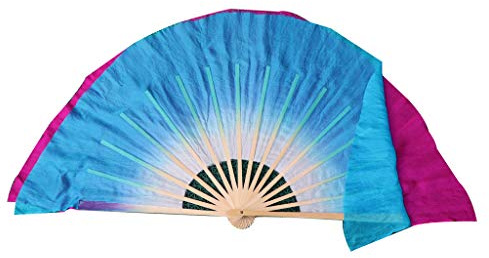 Winged Sirenny Kurz Seiden Tanzfächer Paar, Handbemalte Chinesische Fächer aus Leichter Seide für Tanz, Kulturveranstaltungen, Bühnenauftritte, 10cm Schleier über 30cm Bambus (weiß-türkis/fushia)
