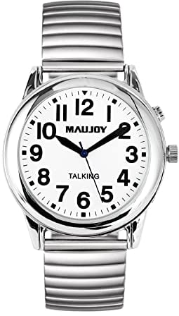 MAUJOY English Talking Men's Watch for Elderly, Low Vision or Visually Impaired, Loud Sound, Large Numbers, Bold Hands, Stainless Steel Expandable Strap