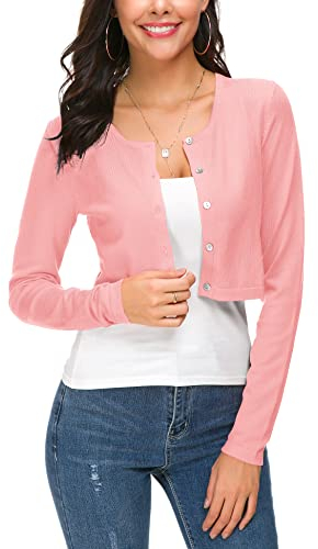 EEVASS Femmes Manches Longues Bolero Court Cardigan Collier Rond Tricot Gilets Sweaters avec Boutons (L, Rose)