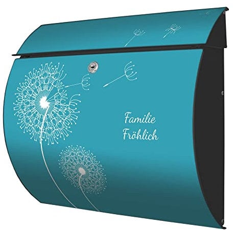 banjado® Burgwächter® Briefkasten anthrazit aus Stahl mit Motiv Pusteblume 4 / Briefkasten mit Namen personalisierbar/Briefkasten ohne Zeitungsfach mit Kippdach & Öffnungsstopp, 2 Schlüssel