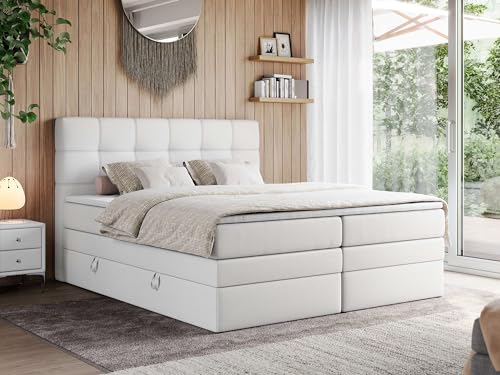 MKS MEBLE Boxspringbett 120x200 mit Bettkasten und Kopfteil, Bett mit Matratze H4 und Topper T25 - Boxbett - Weiß Kunstleder - ERNI King