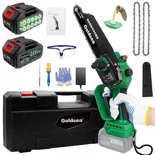 Mini Chainsaw Cordless 8 inch, 2x4.0Ah Batteries Brushless Electric Saw Battery Chainsaw with Oiler System 2 Chains, Battery Chainsaw Handheld for Pruning Trees and Branches Wood Cutting (Dark Green)