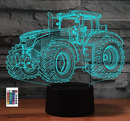 SUPERRUIDALONG 3D Traktor Lampe Fernbedienung 16 Farben Nachtlichter Illusion Acryl LED Tisch Nachttischlampe Kinderzimmer Schreibtisch Dekoration Geburtstag süßes Spielzeug für Kinder und Erwachsene