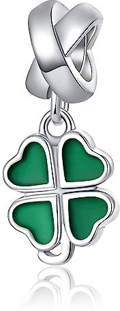Alstiva Grün Vierblättrige Blatt Charm-Anhänger 925 Sterling Silber 5A Zirkonia Charm Anhänger für Armband Charm Bead Pendant für Europäische Armbänder Halsketten Schmuck Geschenk für Damen Frauen