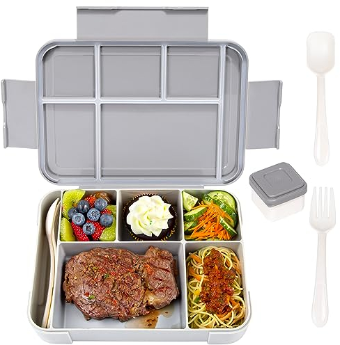 QCQHDU Brotdose Kinder mit Fächern,1330ml Lunchbox Kinder, Auslaufsicher Jausenbox mit 6 Fächern Besteckset,BPA-frei Bento Box Erwachsene,Mikrowellenfest für Schule Arbeit Picknick(Grau)