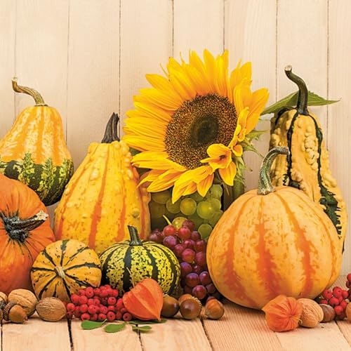 20 Servietten Herbst Sonnenblume zwischen Kürbisse als Tischdeko. Papierservietten mit Motiv. Auch für Decoupage und Serviettentechnik 33x33cm