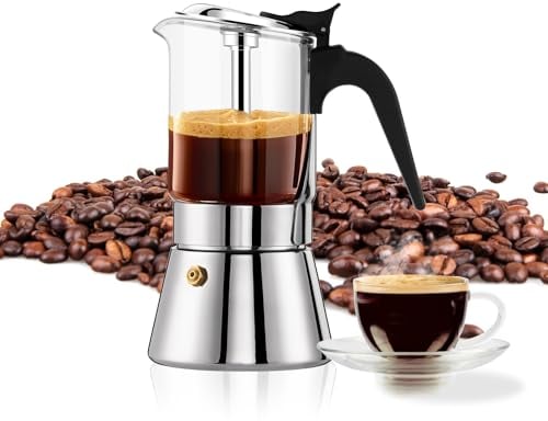 YOLIFE Induction Moka Pot, 4 Cup/ 5.4 oz Crystal Glass Top Stovetop & Stainless Steel Espresso Maker with Pressure Valve, Classic Italian Coffee Maker (160ml)