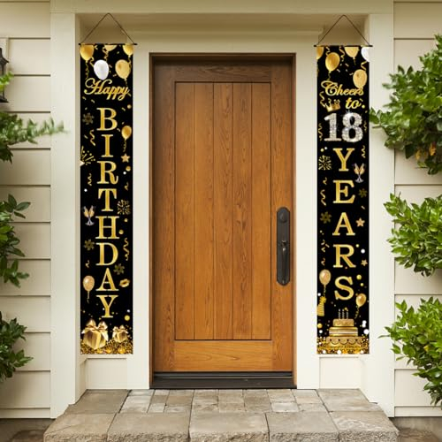 Happy 18th Birthday Door Banner, Black Gold Fabric 18th Birthday Door Porch Sign Banner for Boys Girls,18 Years Old Birthday Banners Party Decorations for Indoor and Outdoor Background Decor
