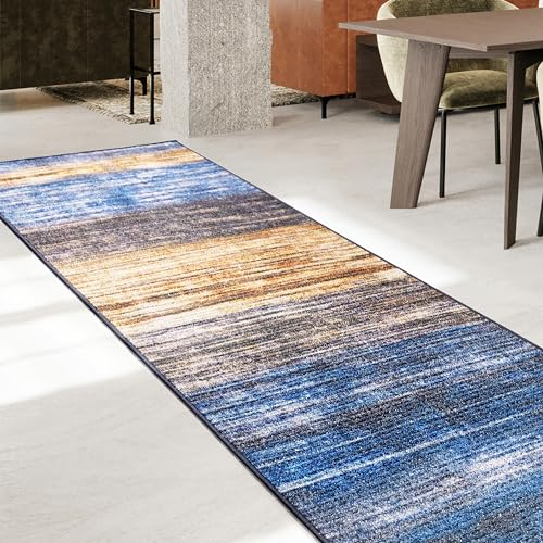 Floordirekt Teppich Läufer Flur, Küche & Wohnraum Küchenläufer - Rutschfester Moderner Kurzflor Flurteppich Brücke für Wohnzimmer & Schlafzimmer Meterware nach Maß, Blau-Braun, 80 x 150 cm (Cancun)